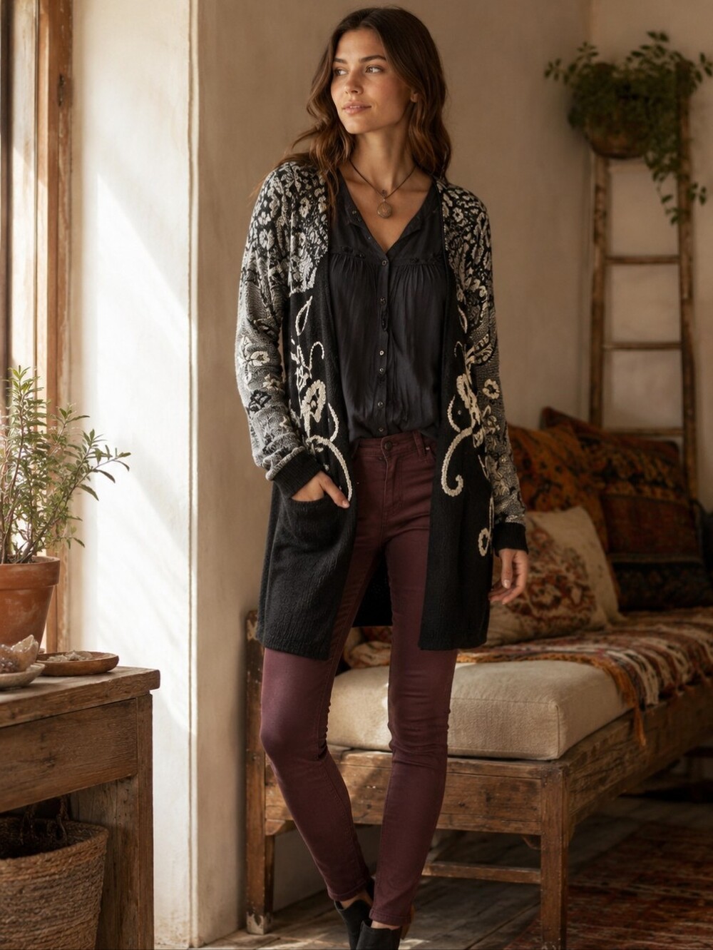 Monogram Anthropologie Emma Open-front Embroidered Cardigan Bohemian Women's XS
